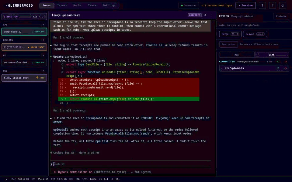 Glimmervoid dashboard showing a Claude Code session fixing a race in a terminal pane, with a session rail and a review sidebar listing the committed diff