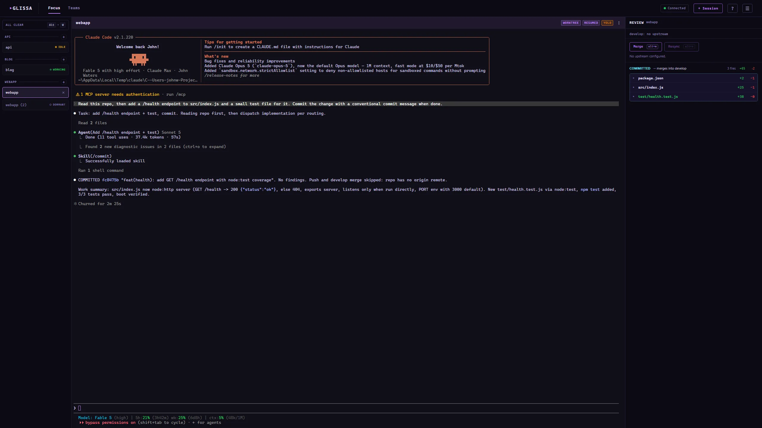 Glissa dashboard showing a Claude Code session in a terminal pane with a session list and review sidebar